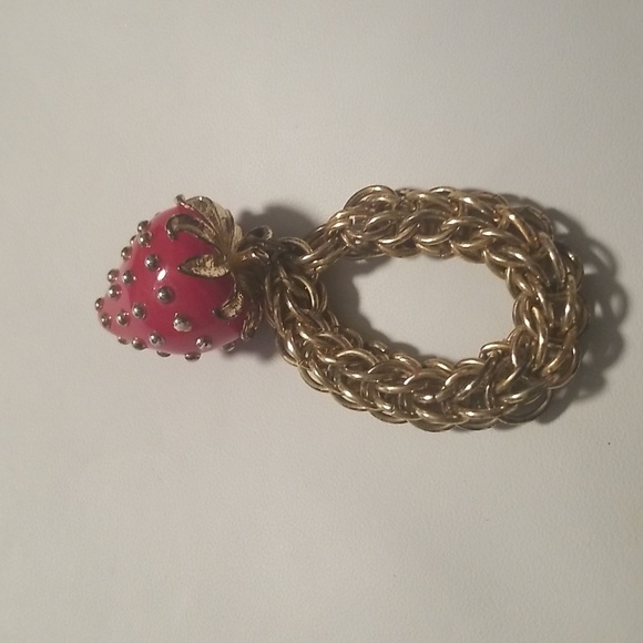 Women's Kenneth J Lane Purse Charm; Red Strawberry & Goldtone Chainlink; Size 4" - Picture 4 of 8